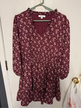 Francesca's Collections Burgundy Floral V-Neck Long Sleeve Tiered Dress